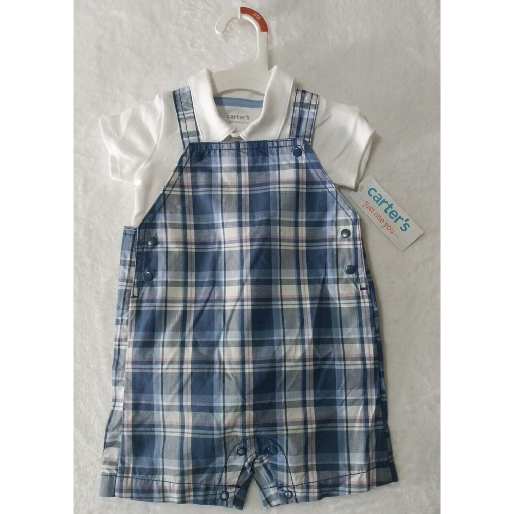 Carters Boys 2-Pc Collared Bodysuit & Knit Plaid Shortalls Set 9 mo new